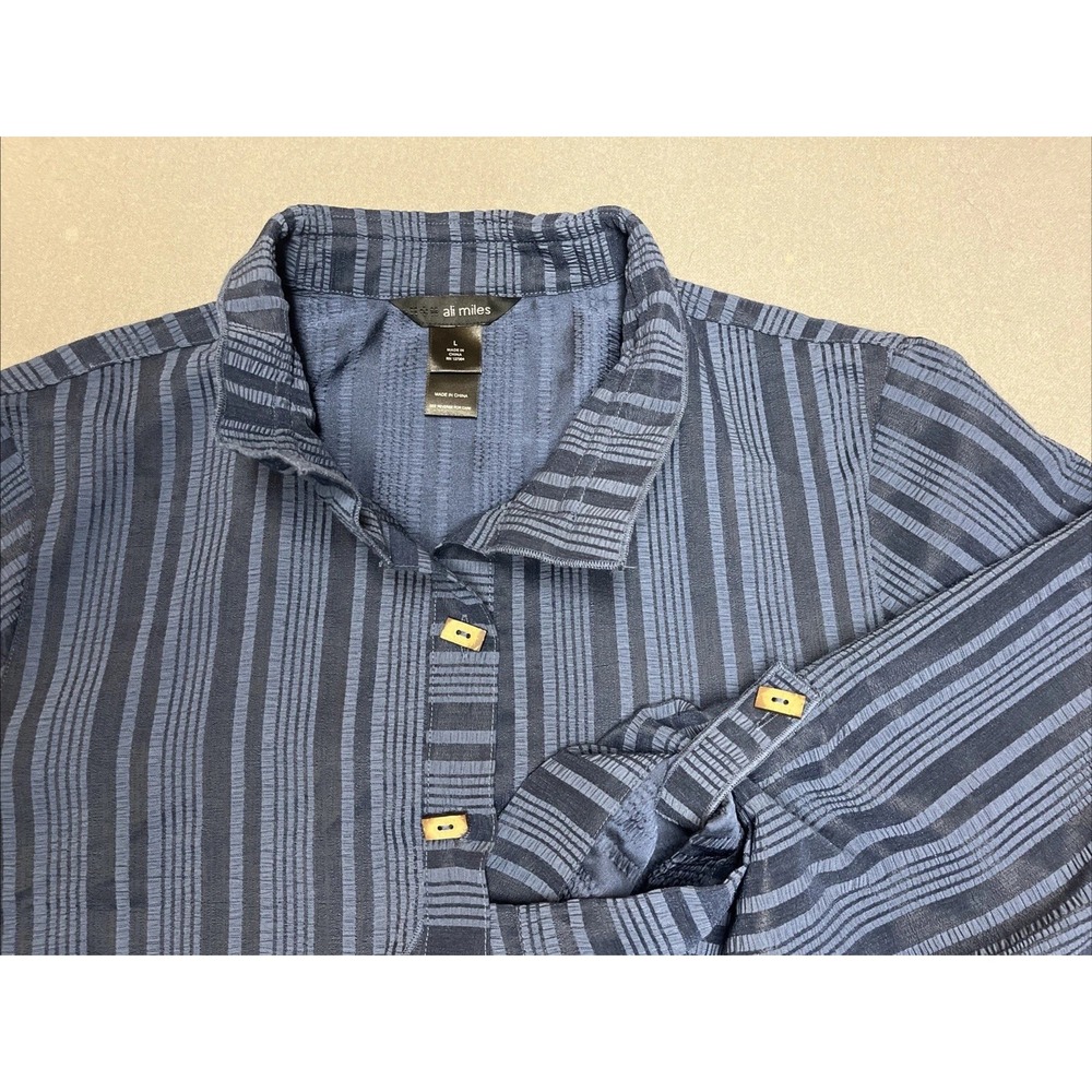 Ali Miles Top Blue Navy Artsy Button Up 3/4 Sleeve Women's Large